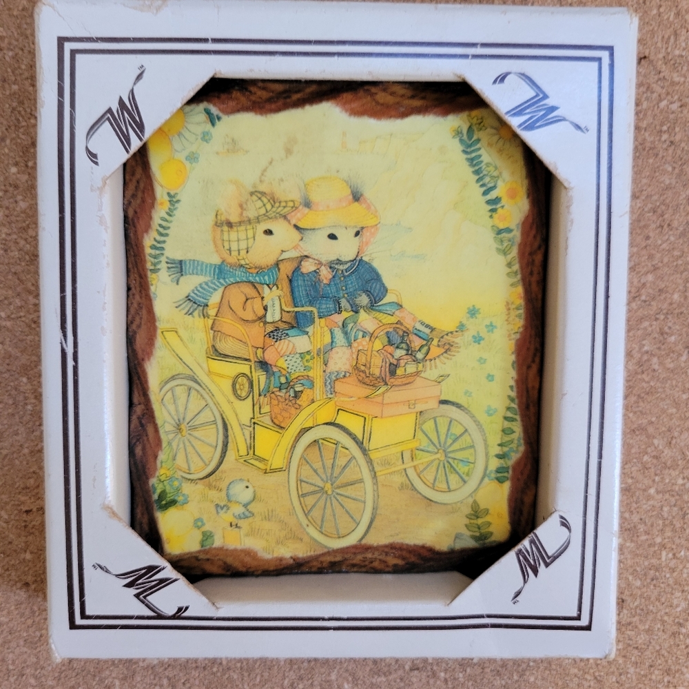 Vintage Decoupage Mice in Carriage ~ Rustic Wood Plaque ~ NOS ~ Cottage ~ Cute!